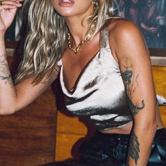 Princess Polly Raelynn Satin Brown Cowl Neck Cross Lace Up Back Halter Crop Top - Picture 5 of 6